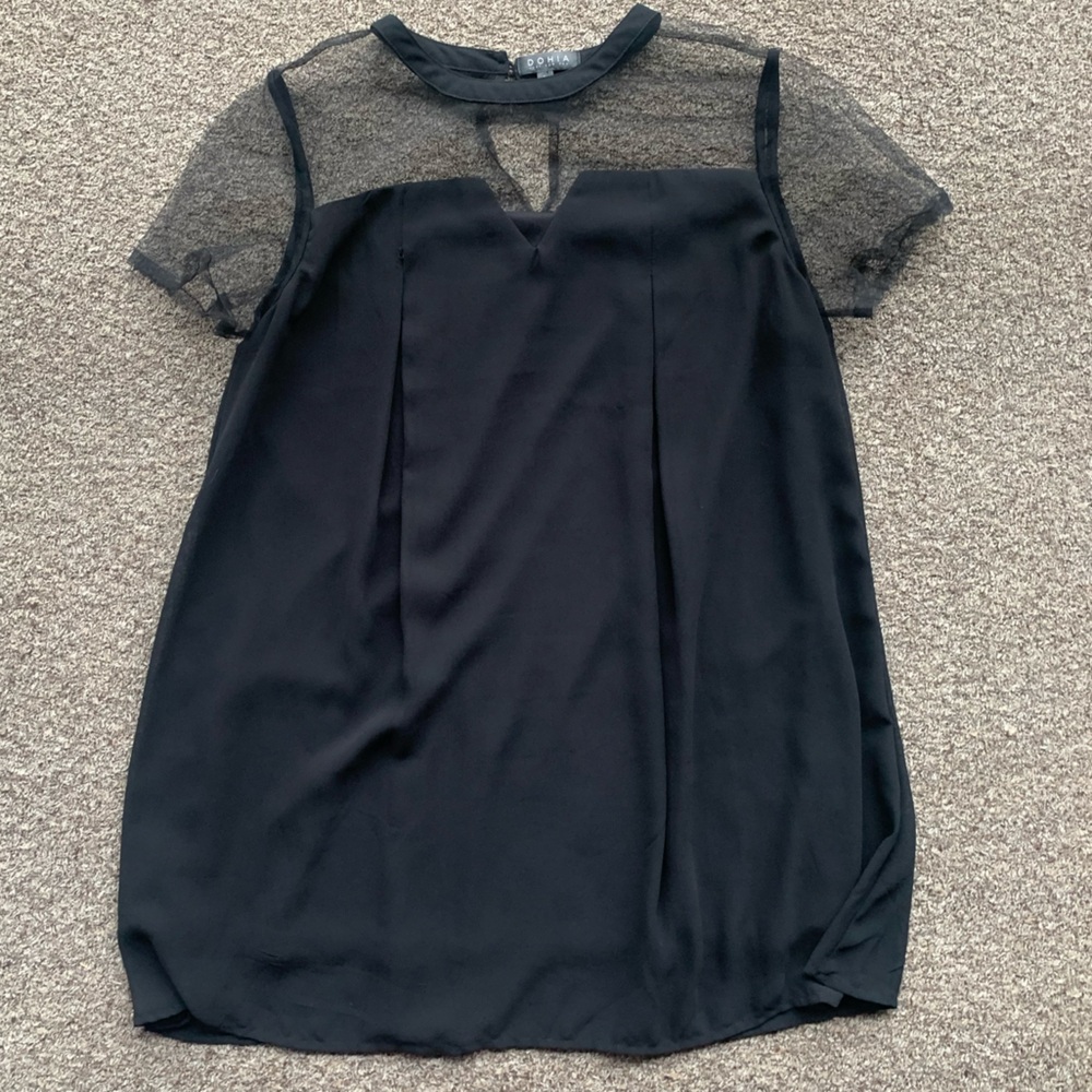 Chic Black Mesh Yoke Short Sleeve Flowy Mini Dress size large